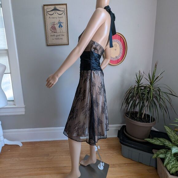 Vintage 1990s Jones New York Halter Dress Lace Satin Midi Formal Gothic Size 6 - Picture 4 of 9